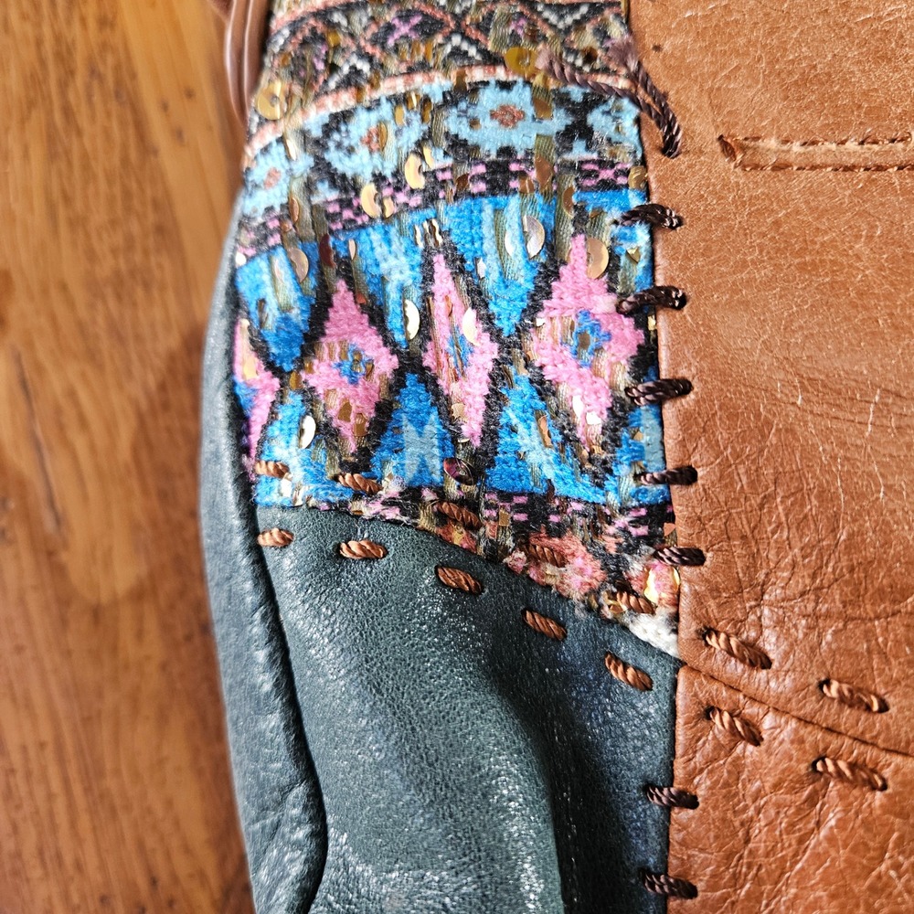 The Sak Leather Crossbody Bag Patchwork Brown Turquoise Sequin Boho Purse - Picture 4 of 14